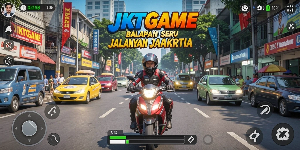 Screenshot utama JKTGAME menampilkan aksi balapan yang mendebarkan.