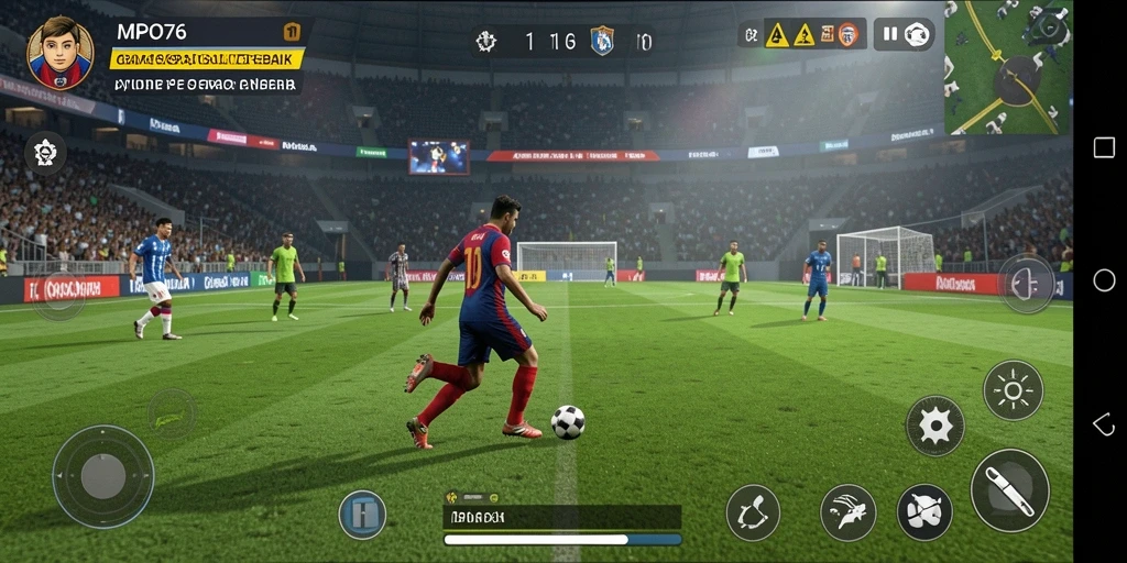 Tampilan gameplay MPO76 dengan aksi pertandingan sepak bola yang menegangkan.