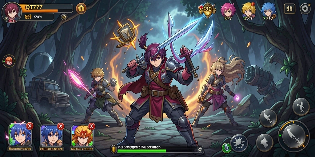 Tampilan utama QT777 menampilkan karakter anime yang dinamis dalam aksi seru.