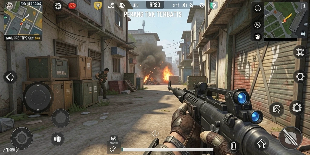 Screenshot gameplay RR89 yang menunjukkan aksi intens di medan perang.